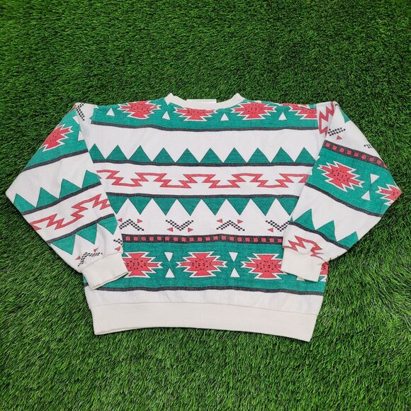 Vintage Tribal Aztec Cropped Sweatshirt Large 22x21 Boxy USA - Picture 2 of 9